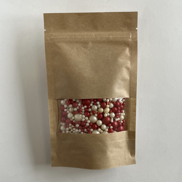 Посыпка кондитерская рисовая "Жемчуг" красный, серебро, 100г/уп.